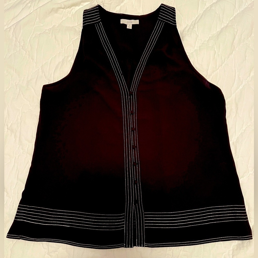 Joie black with white embroidered stitching sleeveless silky top size XS